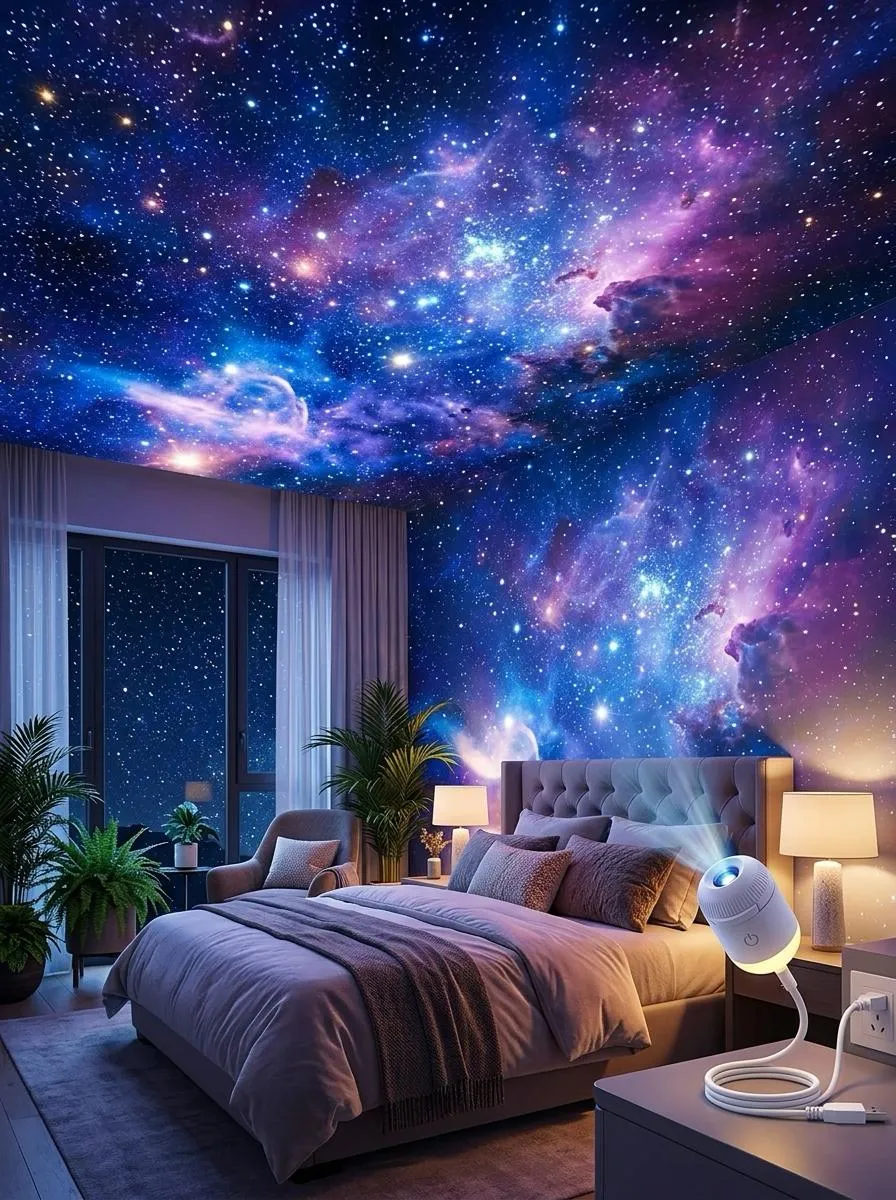 Proyección de AstraVibe en acción con estrellas nítidas sobre una superficie