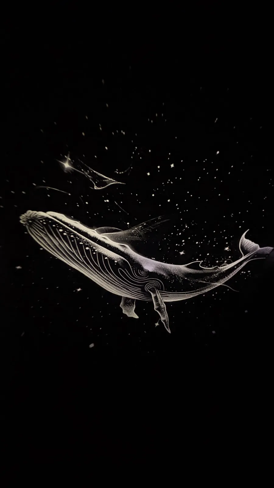 Proyección de una ballena entre estrellas sobre una superficie oscura