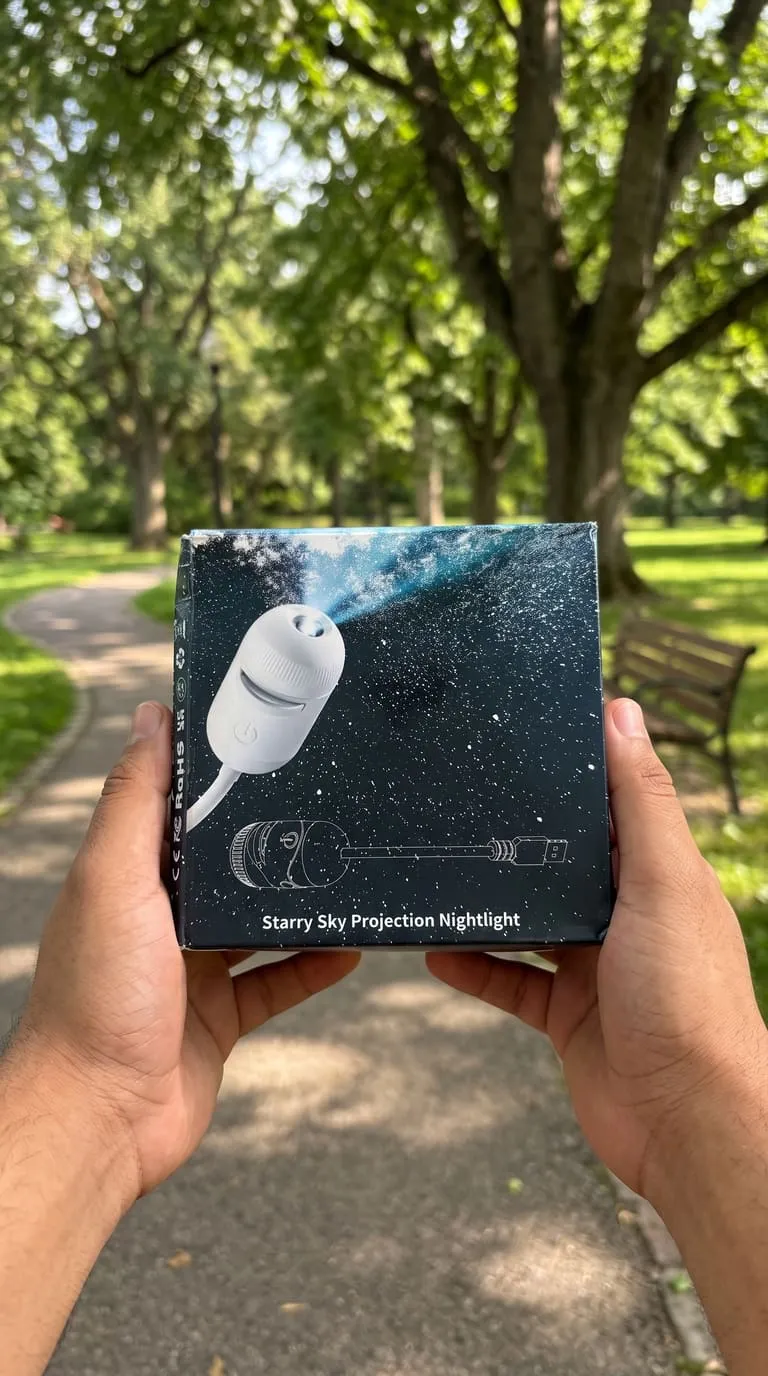 Manos sosteniendo la caja de AstraVibe al aire libre, con el proyector y el cable USB impresos en el envase