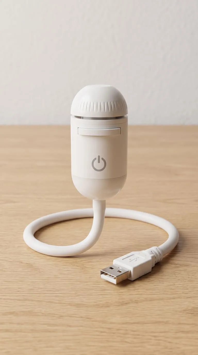 AstraVibe apagado sobre una mesa de madera con su cuello flexible y el conector USB a la vista