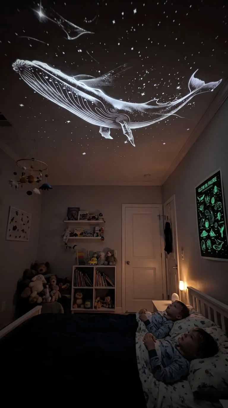 Habitación infantil a oscuras con una ballena proyectada en el techo mientras dos niños la miran desde la cama