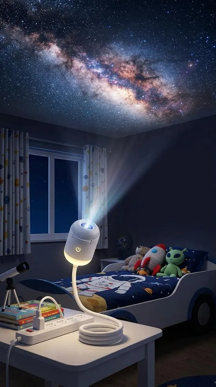 Cielo de estrellas proyectado por AstraVibe en el techo de una habitación oscura